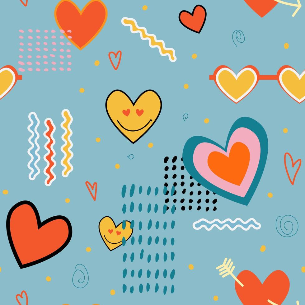 Groovy seamless patterns with hearts, wave, mesh. Vector backgrounds in trendy retro trippy style. Hippie 60s, 70s style.