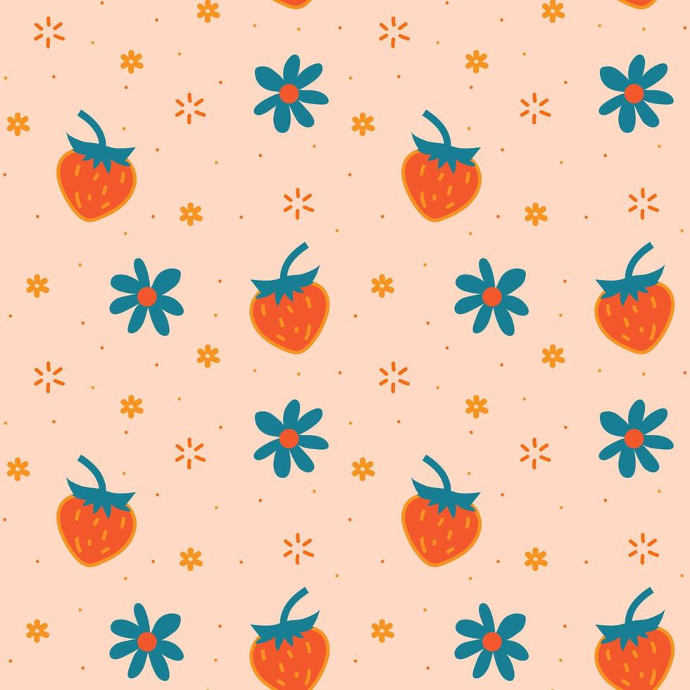Groovy seamless patterns with hearts, flowers, strawberry. Vector backgrounds in trendy retro trippy style. Hippie 60s, 70s style.