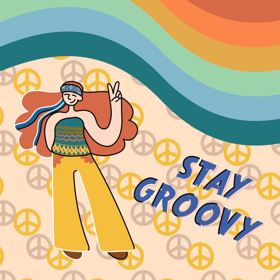 Stay groovy lettering with vintage hippie styled. Good vibes sticker design template. Vector retro vintage cartoon character illustration. Funny hippie flower, slogan print for t-shirt, poster.