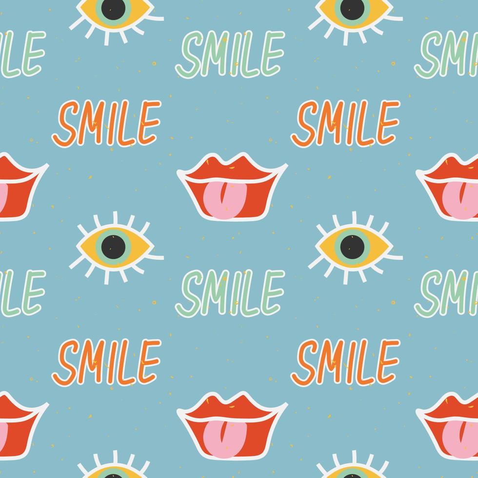 Groovy seamless patterns with eyes, lips and the inscription smile. Vector backgrounds in trendy retro trippy style. Hippie 60s, 70s style. Design for fashion , fabric, textile, wallpaper, cover.