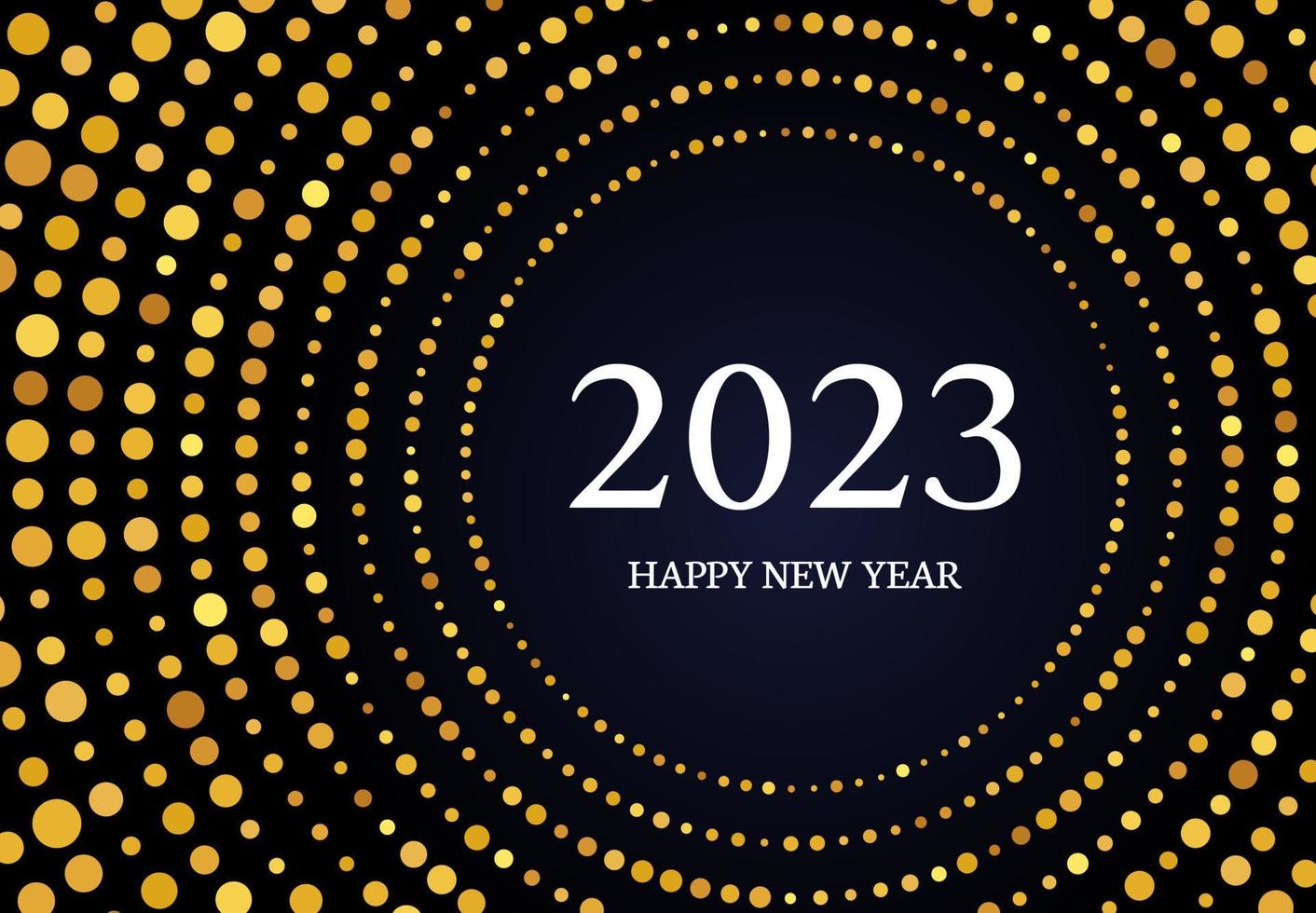 2023 Happy New Year of gold glitter pattern in circle form. Abstract gold glowing halftone dotted background for Christmas holiday greeting card on dark background. Vector illustration