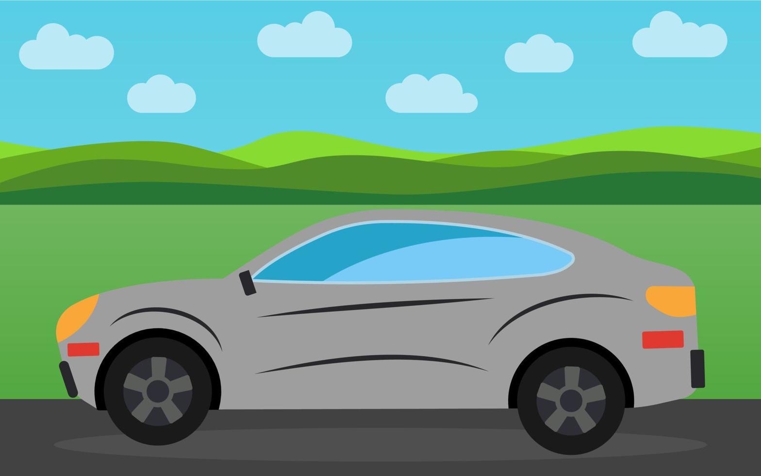 Gray sports car in the background of nature landscape in the daytime. Vector illustration.
