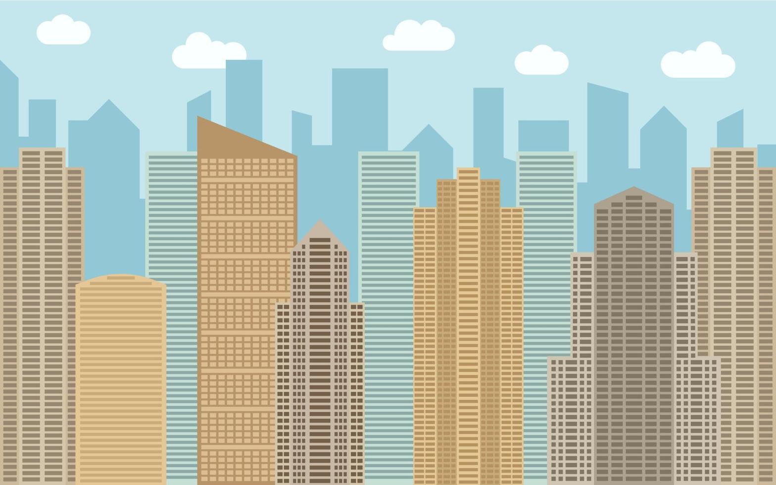 Vector urban landscape illustration. Street view with cityscape, skyscrapers and modern buildings at sunny day. City space in flat style background concept.