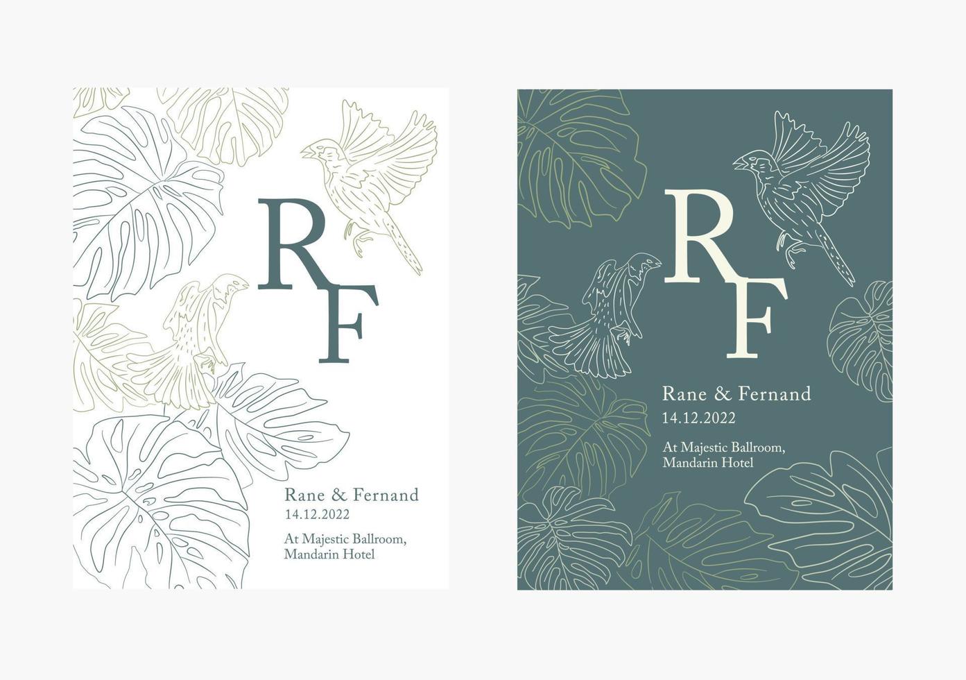set of Floral wedding invitation with forest theme in green shade background vector