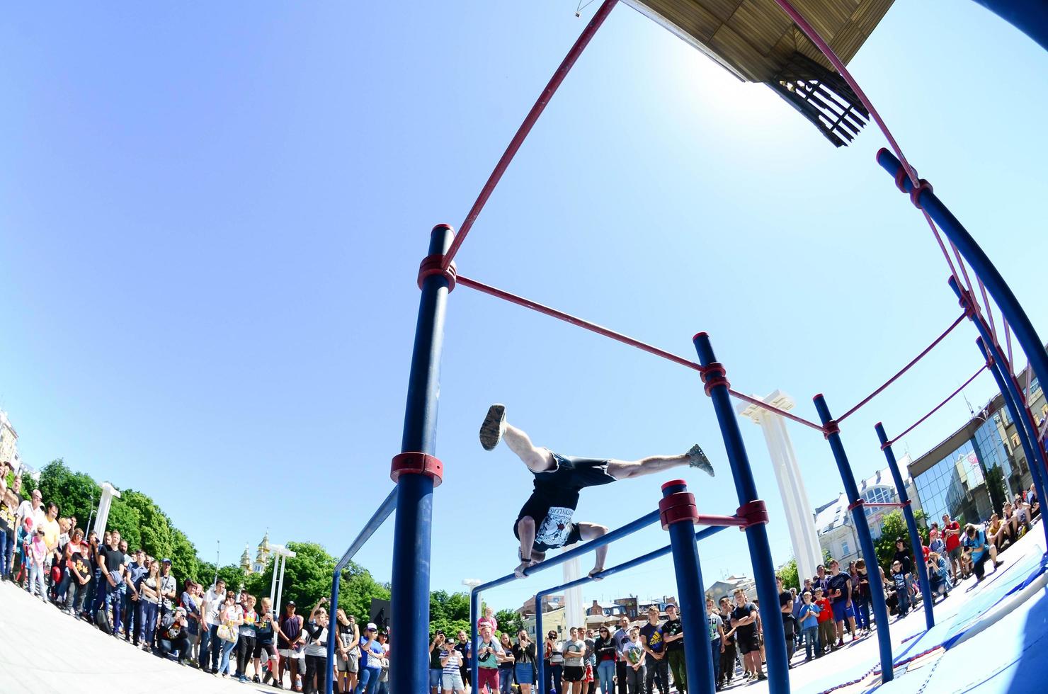 KHARKIV, UKRAINE - 27 MAY, 2022 Street workout show during the annual festival of street cultures photo