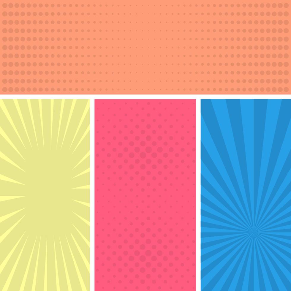 Colorful comic book page background in pop art style. Empty template with rays and dots pattern. Vector illustration