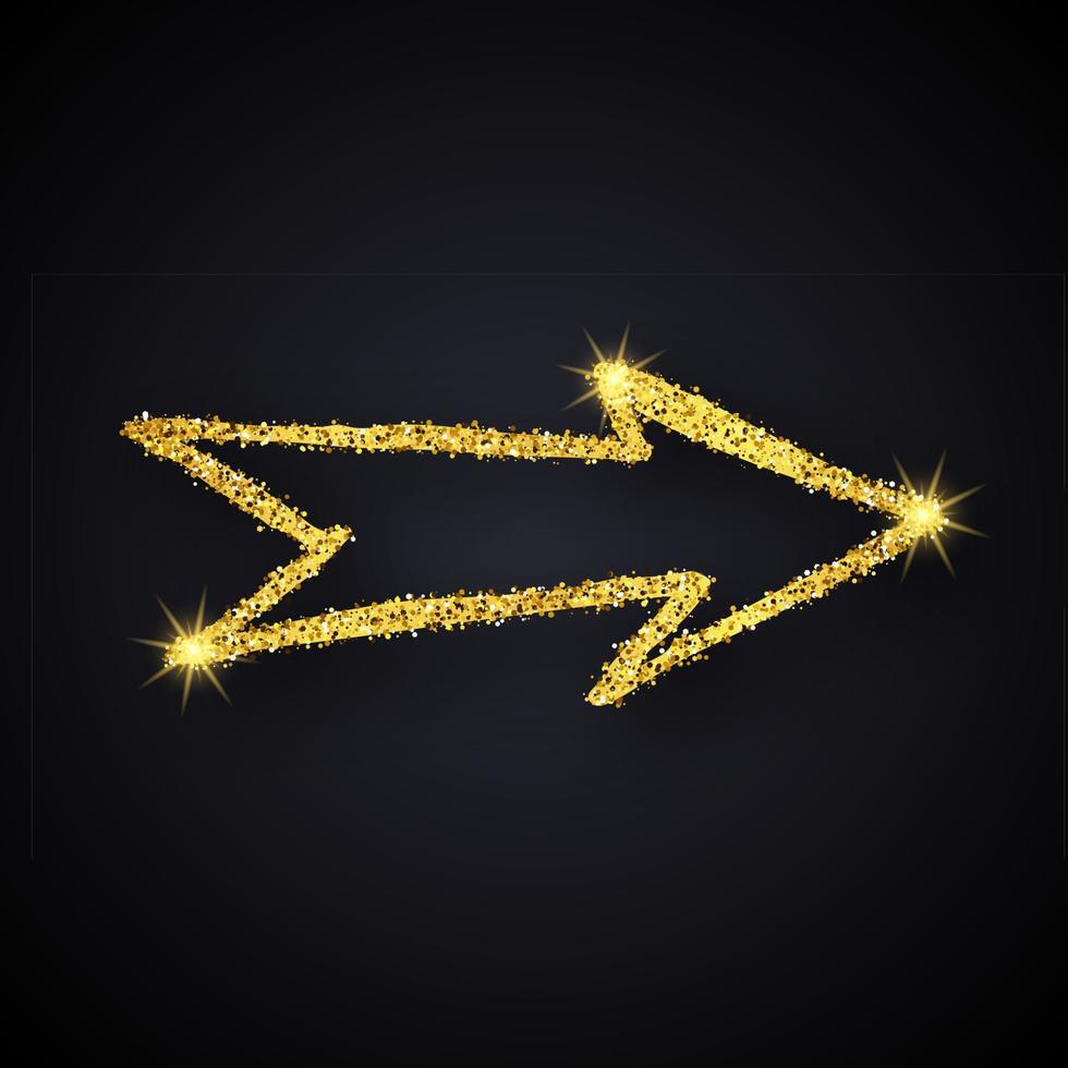 Gold glitter hand drawn arrow. Doodle arrow with gold glitter effect on dark background. Vector illustration