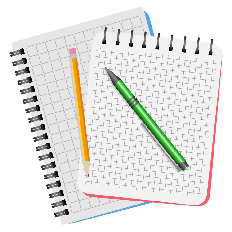 Two notebooks, green pen and yellow pencil on a white background vector