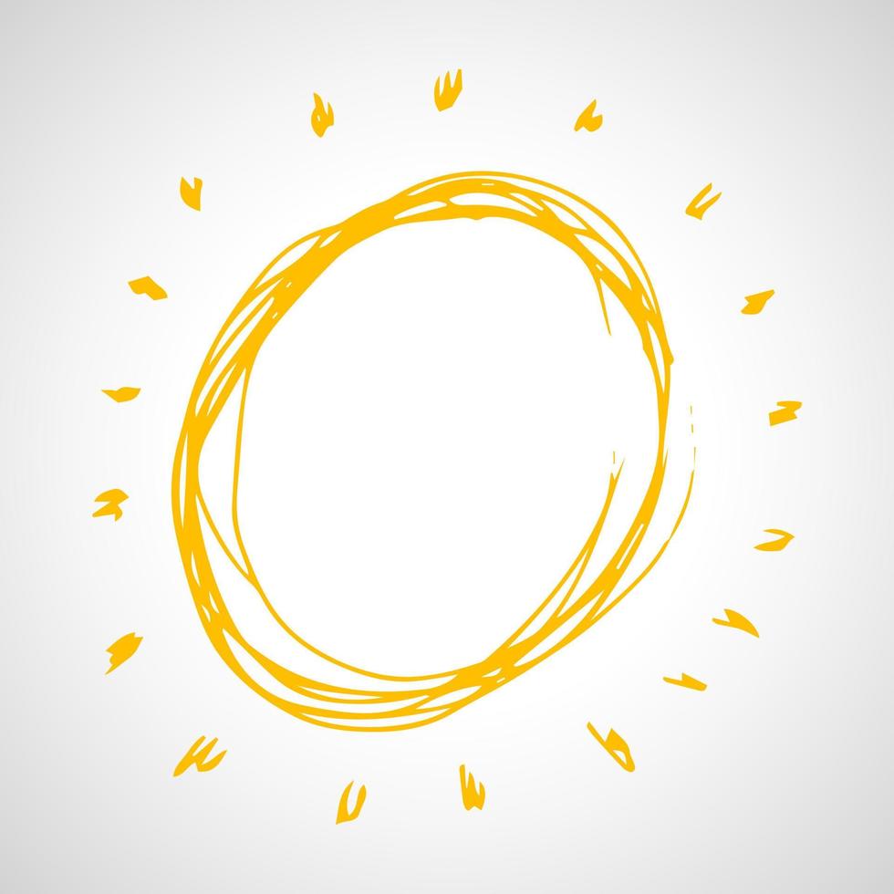 Hand drawn sun. Simple sketch sun. Solar symbol. Yellow doodle isolated on white background. Vector illustration.