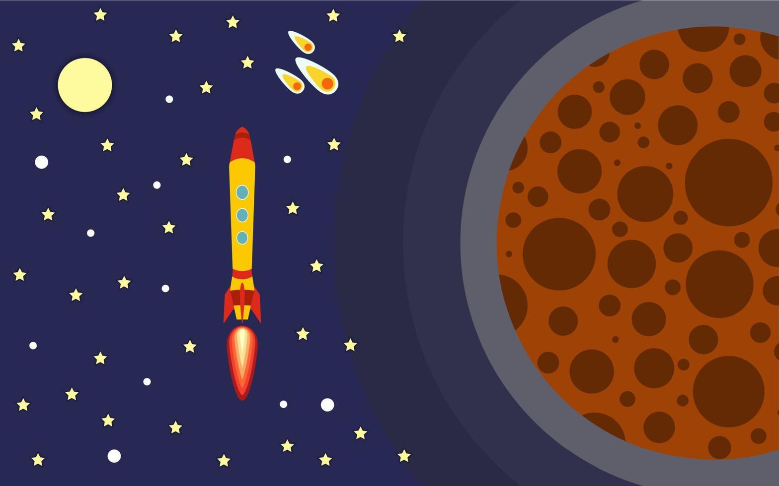 el cohete en el espacio cerca del planeta. viaje espacial. ilustración vectorial del vuelo del cohete. vector