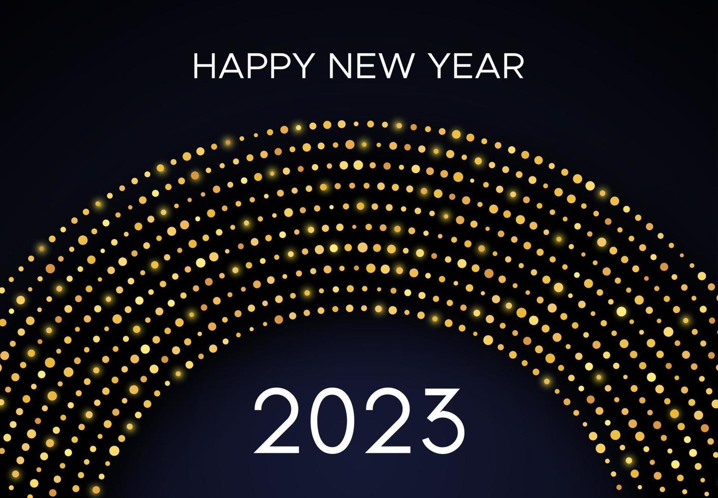 2023 Happy New Year of gold glitter pattern in circle form. Abstract gold glowing halftone dotted background for Christmas holiday greeting card on dark background. Vector illustration