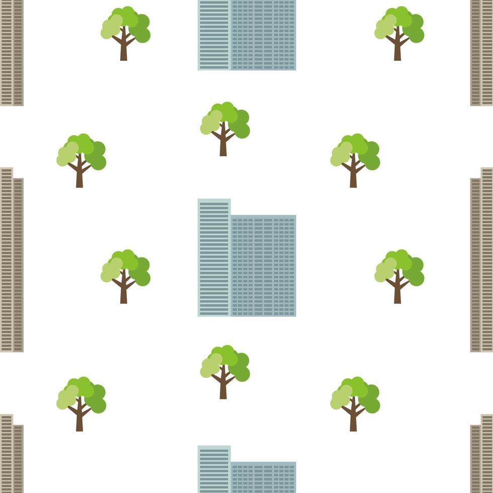 Seamless city background with modern houses and green trees. Vector illustration