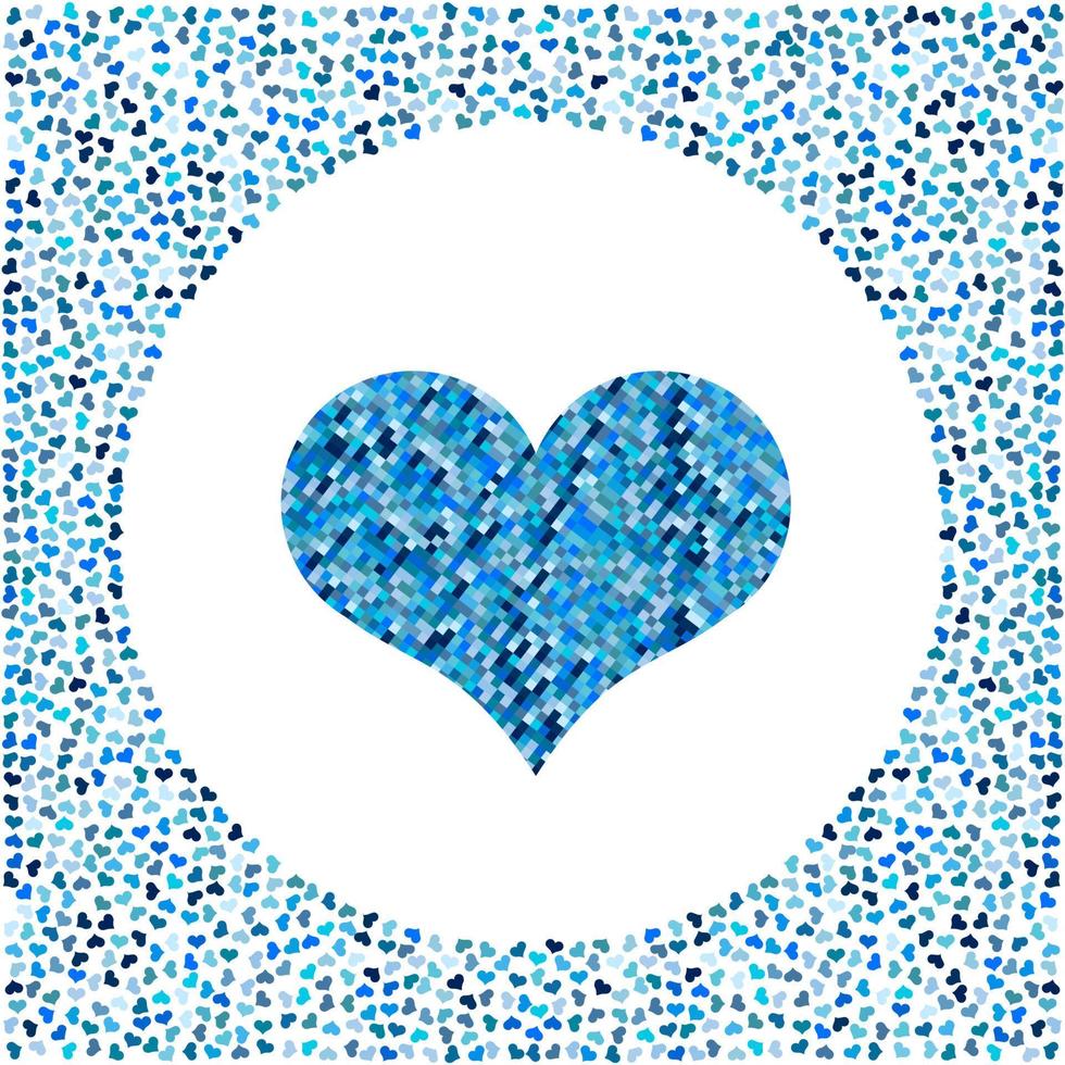 Blue heart made of pixels and little hearts around. Valentines Day background with many hearts on a white background. Symbol of Love Element for wedding Template. vector