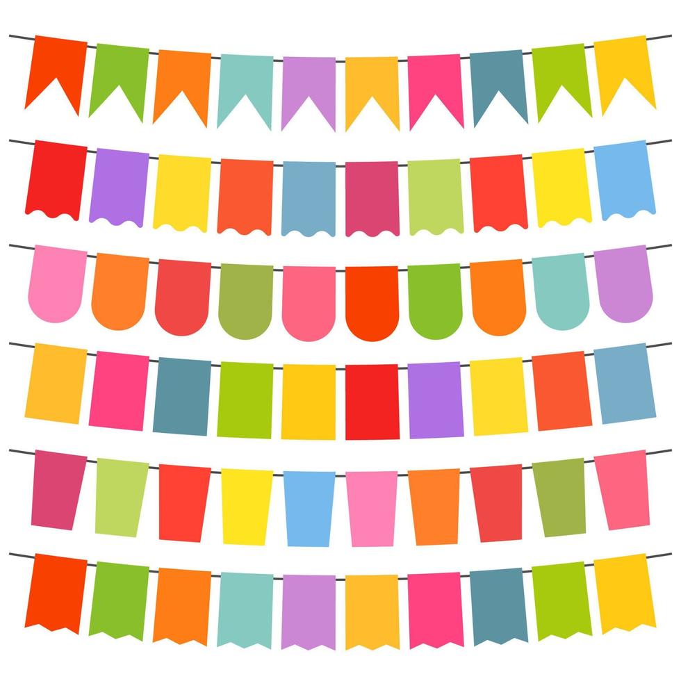 Colorful flags and bunting garlands for decoration. Decor elements with various patterns. Vector illustration