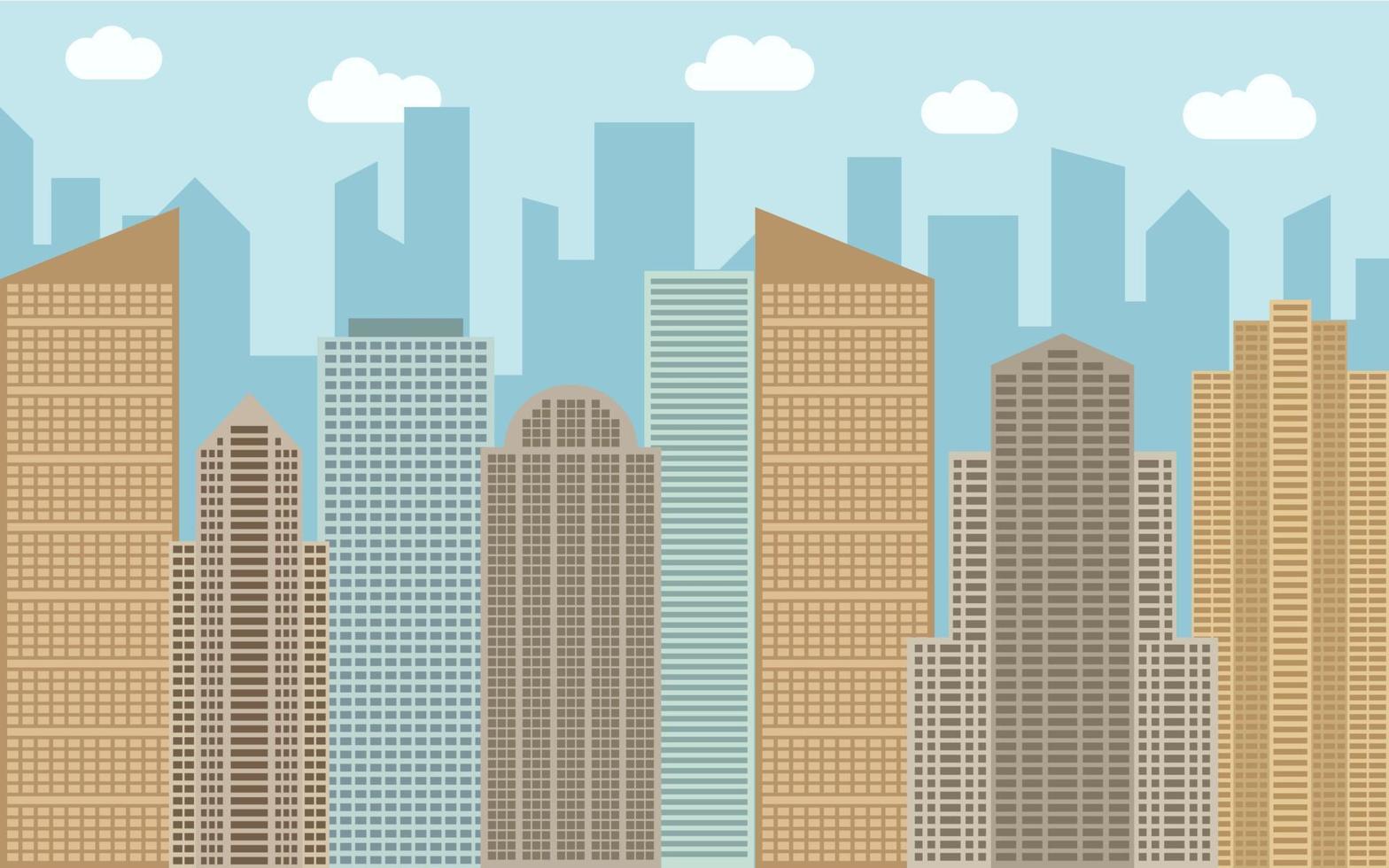 Vector urban landscape illustration. Street view with cityscape, skyscrapers and modern buildings at sunny day. City space in flat style background concept.