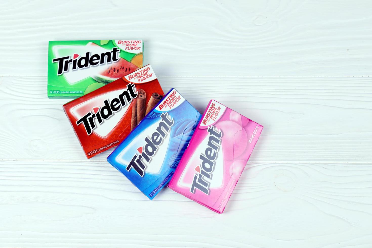 KHARKIV, UKRAINE - MARCH 15, 2022 Packs of Trident gums. Trident was introduced in 1964 as one of the first patented sugarless gums photo