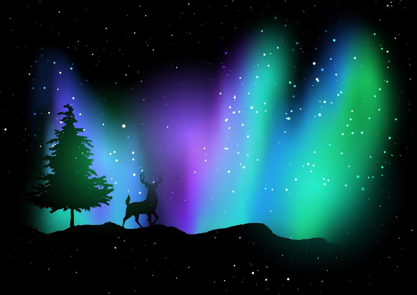 christmas landscape with deer against northern lights sky vector