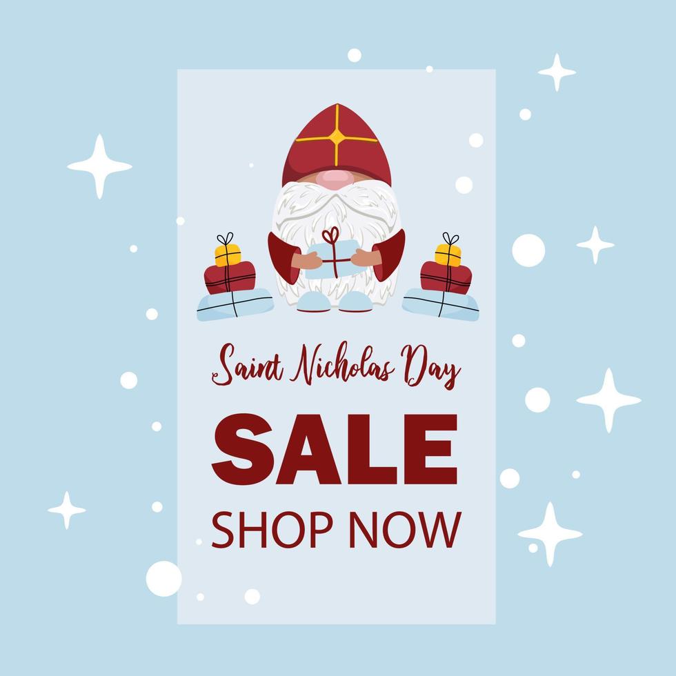 Saint Nicholas Day holiday sale poster. Funny dwarf Nicholas vector