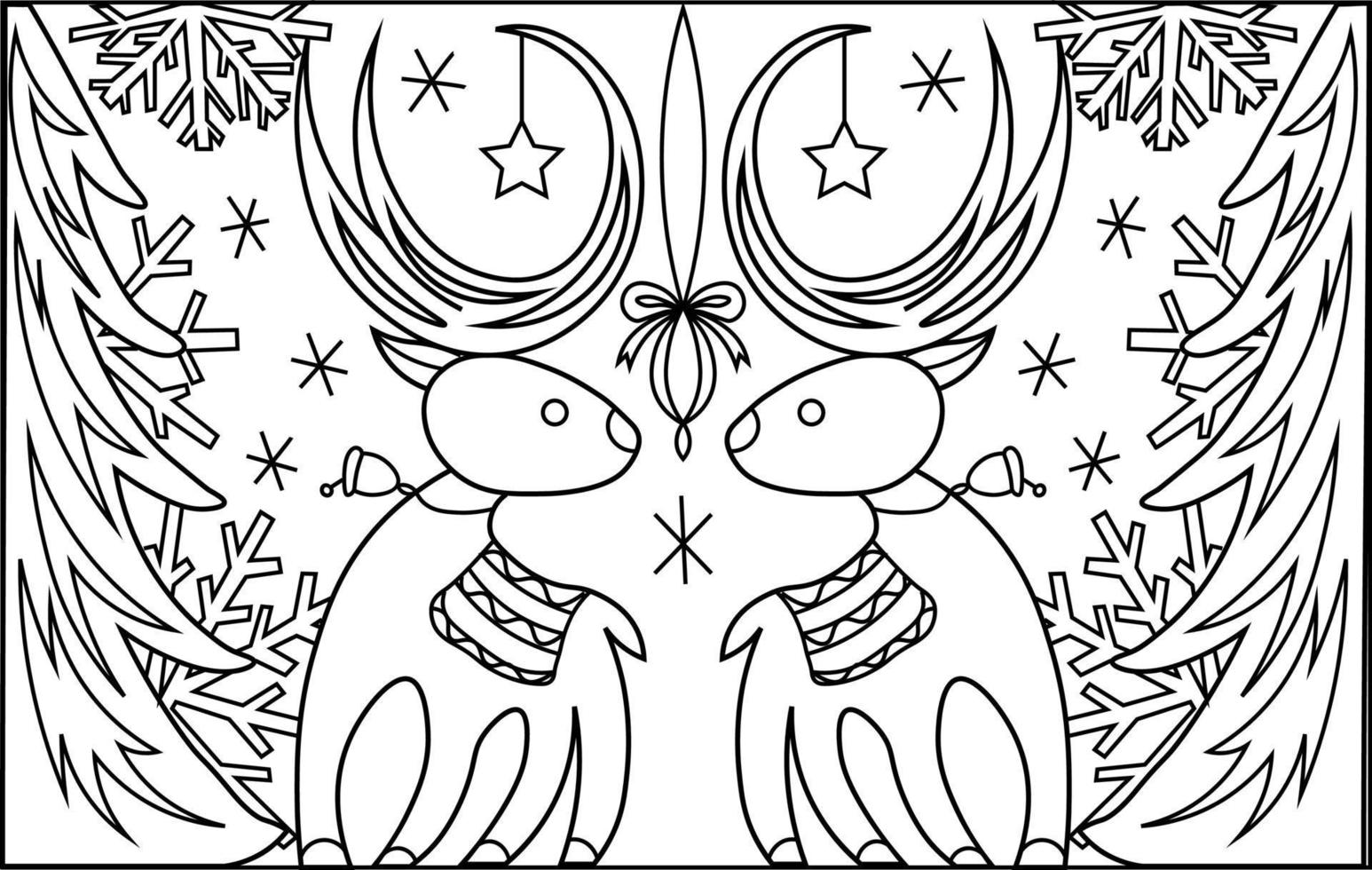 Christmas coloring book. Coloring page with reindeer. Snowflakes and Christmas trees. vector
