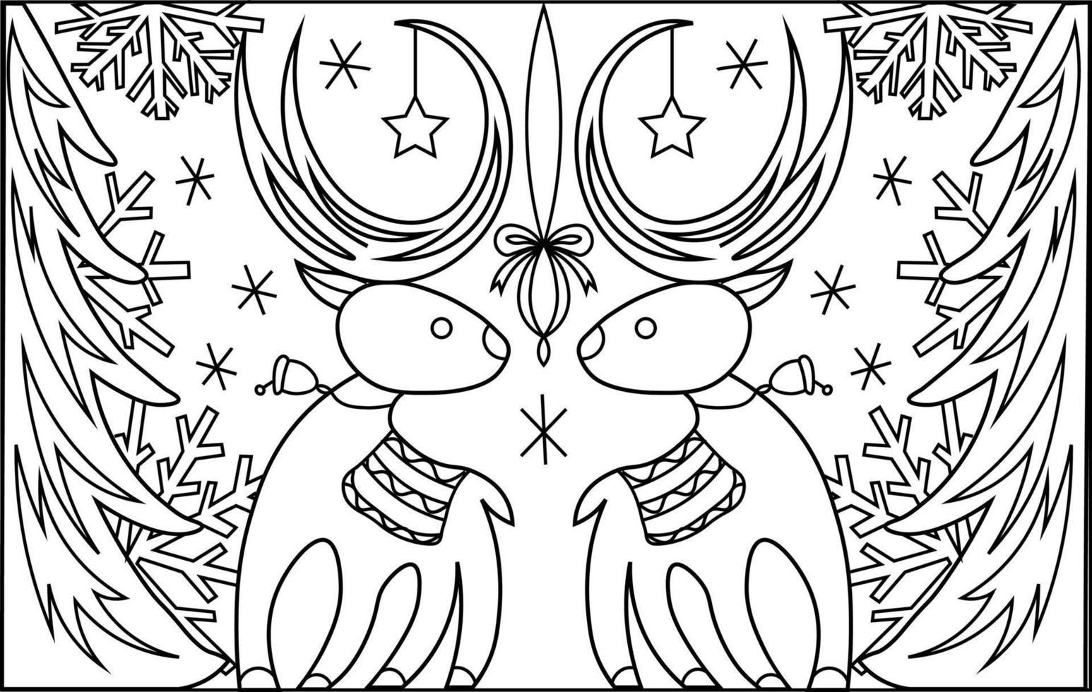 libro para colorear de navidad. página para colorear con renos. copos de nieve y árboles de navidad. vector