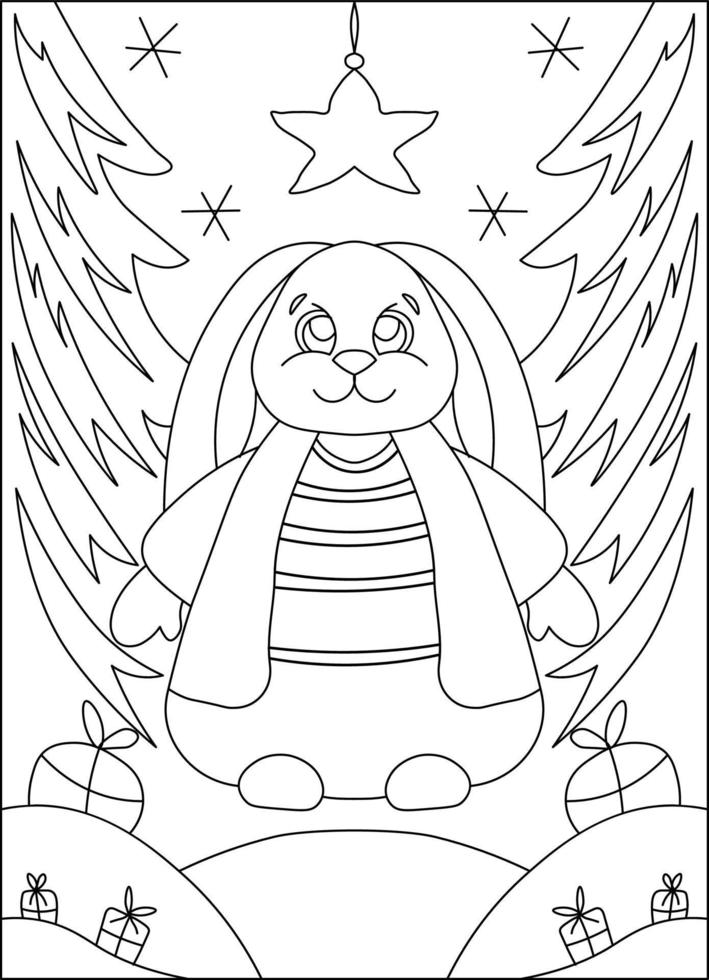 Christmas coloring book. Coloring page with rabbit. Snowflakes and Christmas trees. Present. Hare symbol of 2023. vector