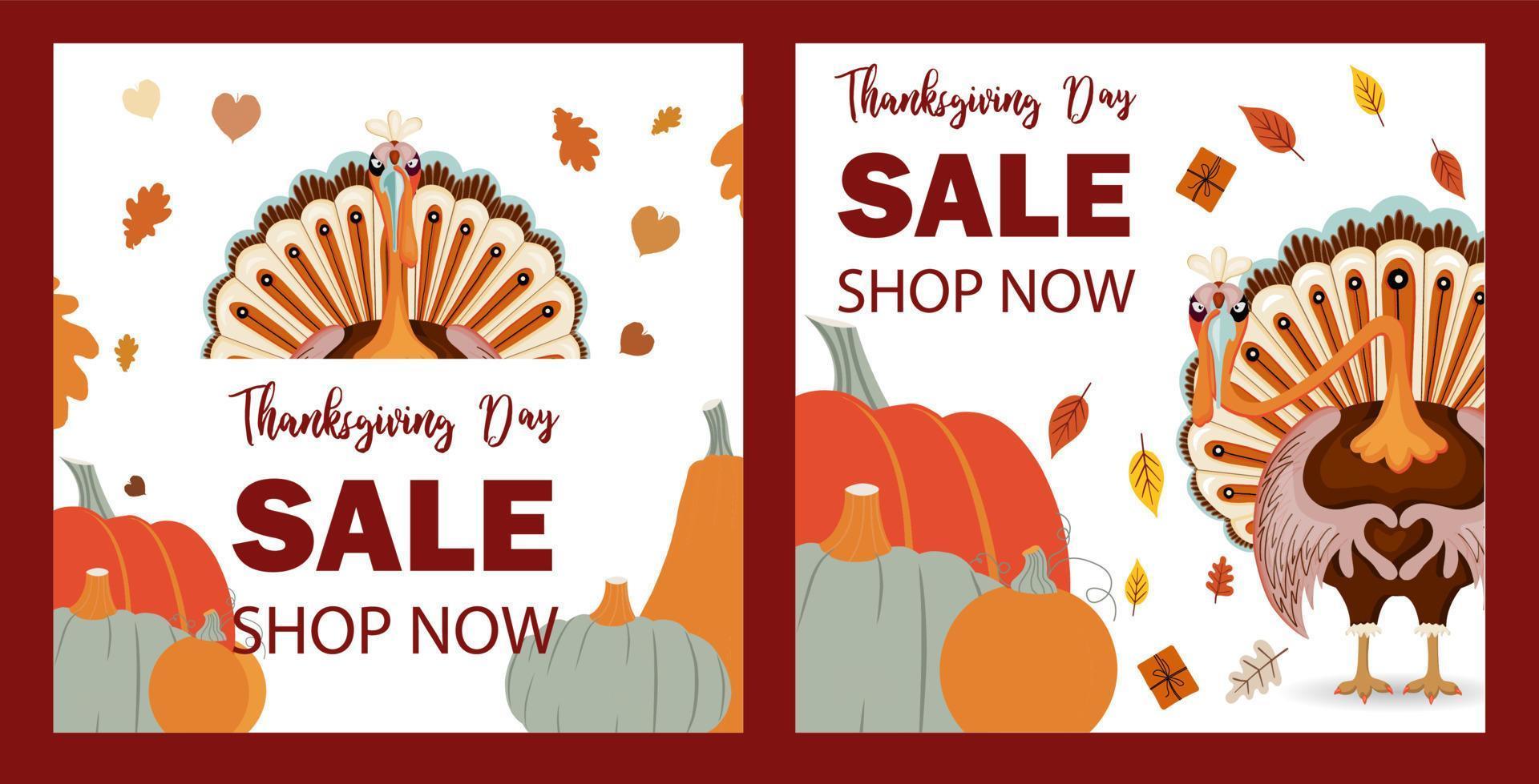 Thanksgiving sale square banner set. Cool thanksgiving turkey. Sale invitation. Discounts and promotions. vector