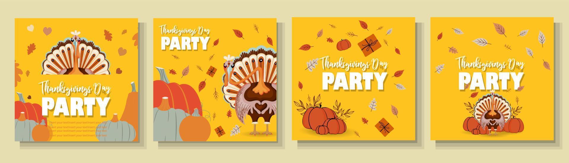 Thanksgiving party square banner set. Cool thanksgiving turkey. Party invitation. vector