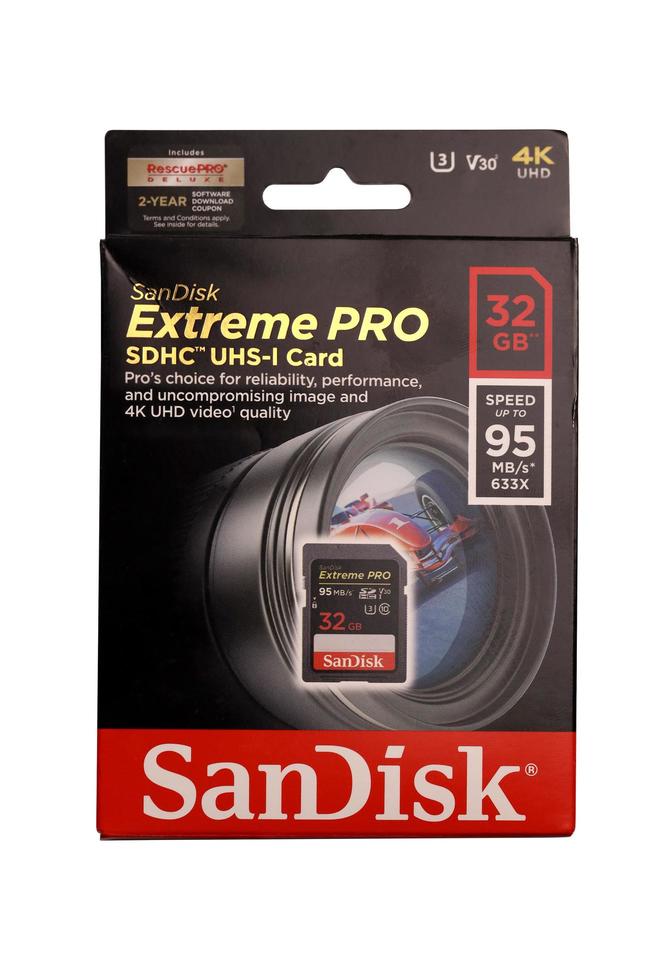 KHARKOV. UKRAINE - MAY 2, 2022 SanDisk Extreme pro sdhc 32gb new memory card for photo and video recording devices