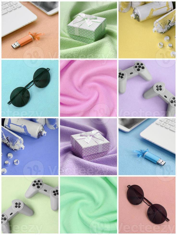 A set of pictures with fashionable youth objects on a soft fleece surface. Trendy pastel light colors photo