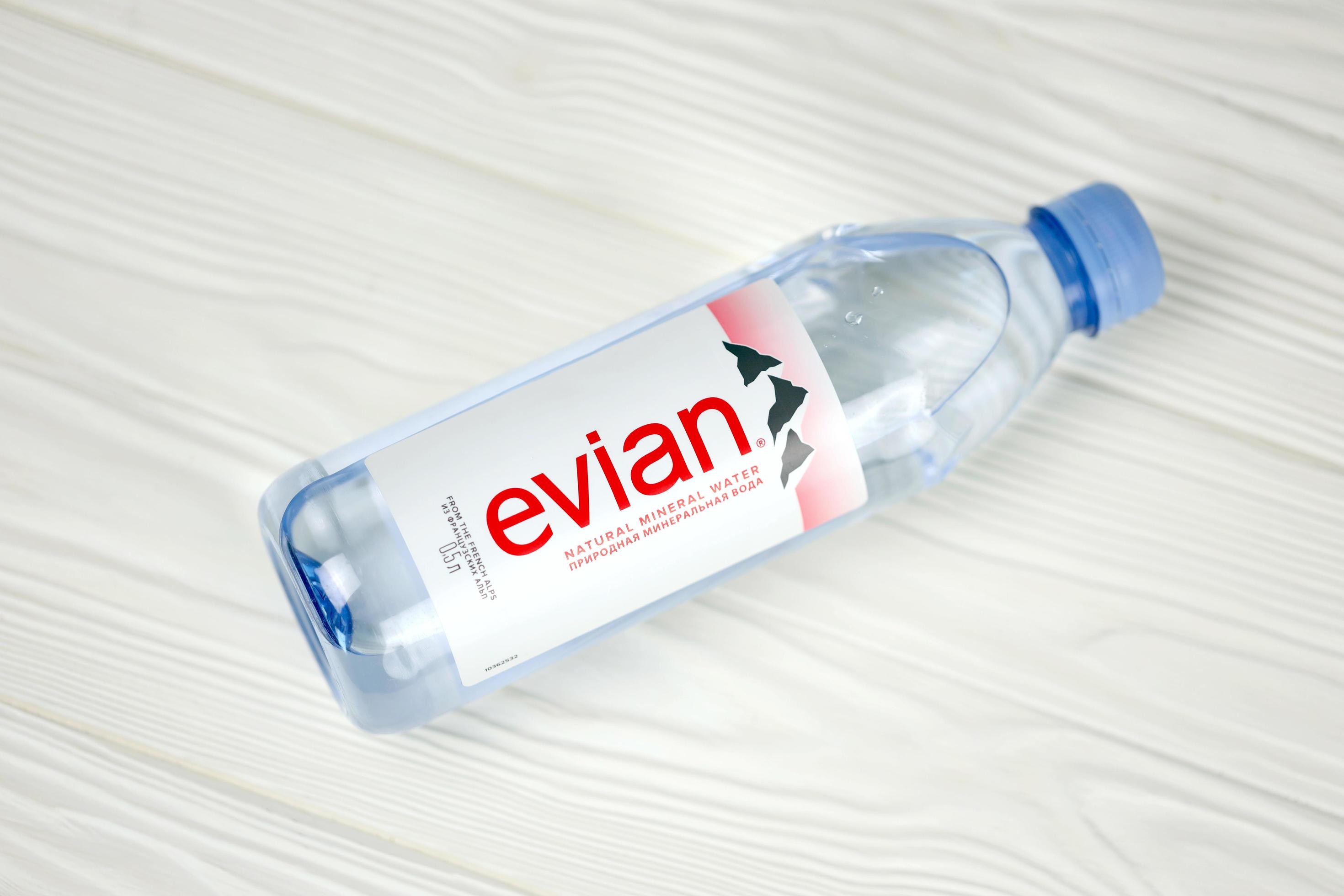 KHARKOV, UKRAINE MAY 12, 2022 Bottle Of Evian Natural Mineral Water