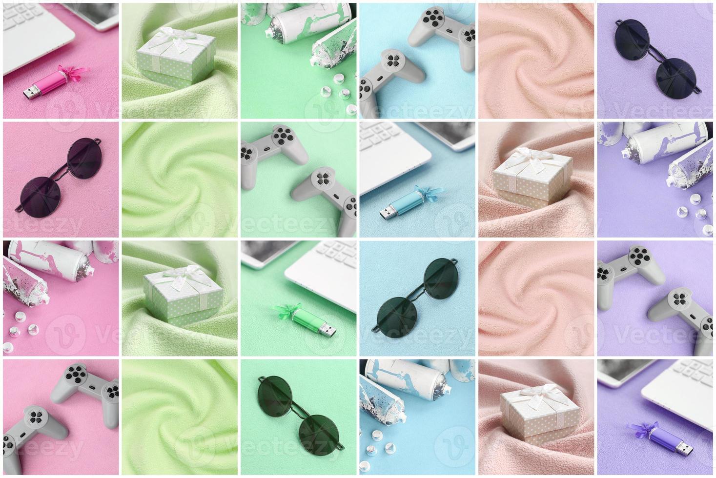 A set of pictures with fashionable youth objects on a soft fleece surface. Trendy pastel light colors photo