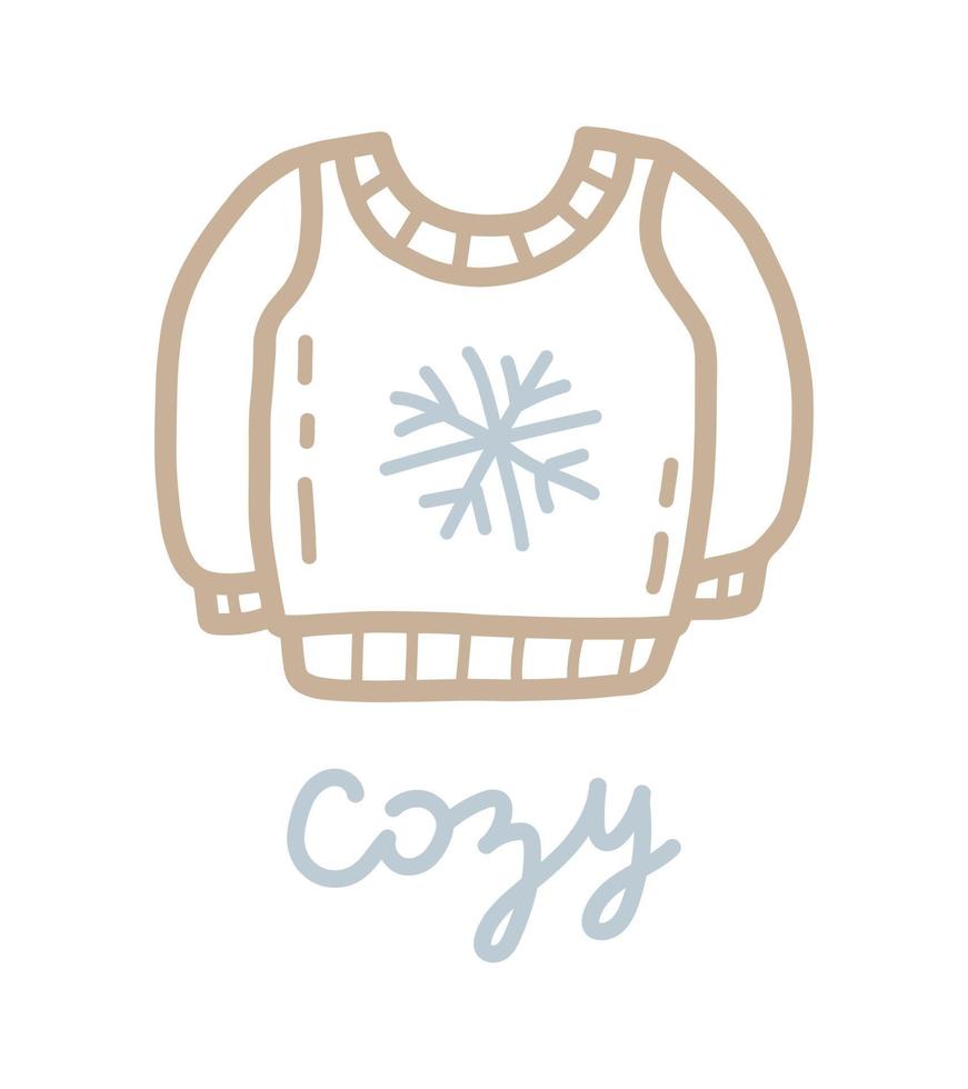 Cozy winter clothes. Flat doodle sweater isolated on white background. December seasonal warm cloth, vector lettering card template.