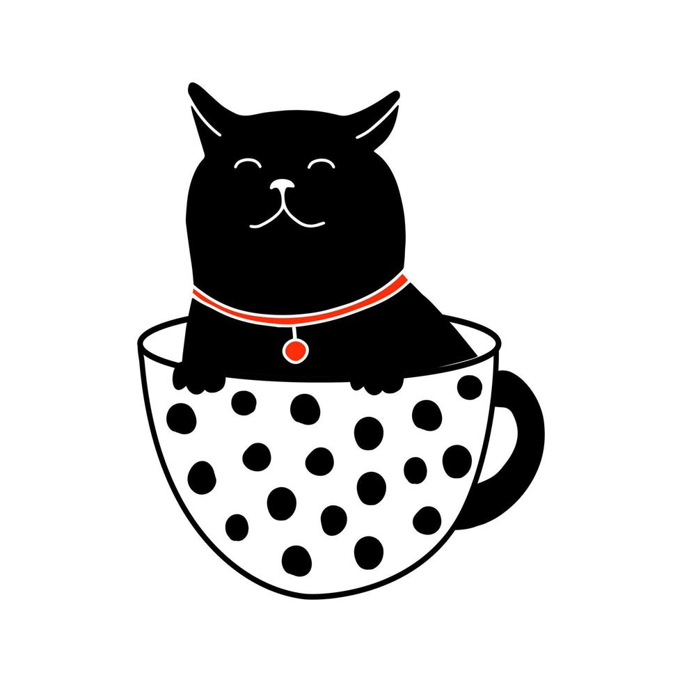 lindo personaje de gato sentado en una taza, ilustración de garabato aislado en fondo blanco. dibujo animal simple en estilo de esquema. plantilla de impresión de camiseta adorable vectorial. vector