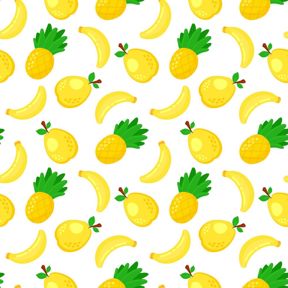 Colorful cartoon pineapple, banana and pear fruit seamless pattern isolated on white background. Doodle simple vector juicy food. Juice packaging design. Summer fabric print template.