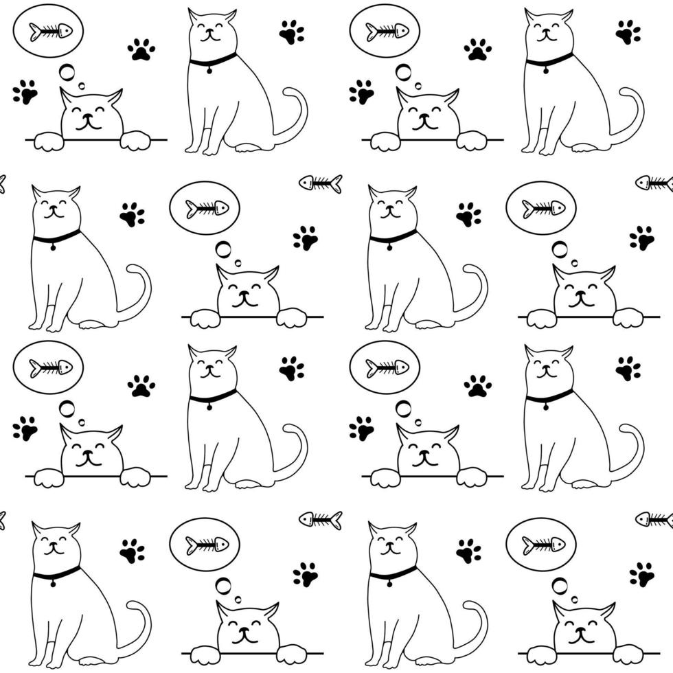 lindo gato personaje de patrones sin fisuras aislado sobre fondo blanco. dibujo de garabato simple en estilo de esquema. plantilla de impresión de papel tapiz de vivero vectorial. vector