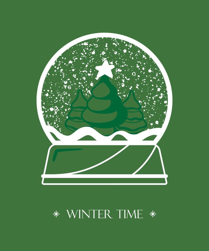 Crystal ball emblem, snow globe outline shape, fir tree inside, falling snow, holiday decoration, simple vector print. Christmas celebration card.