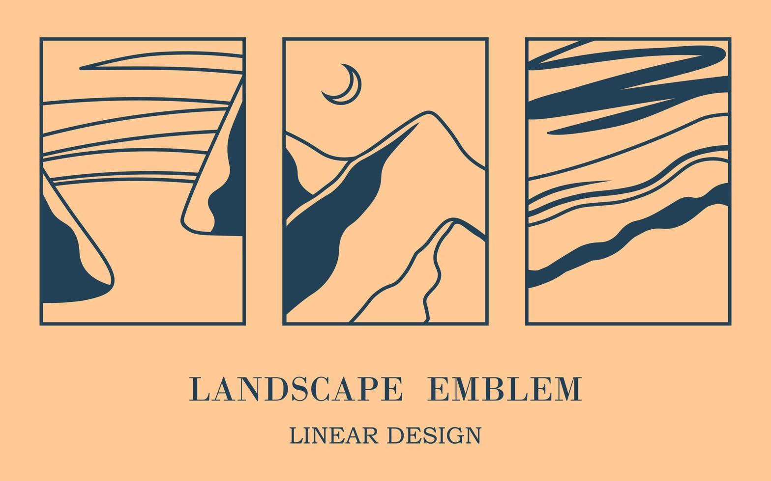 Abstract landscape print collection. Simple linear vector illustration set. Web banner or room wall posters. Flat outline hand drawn silhouettes with sea and mountains.