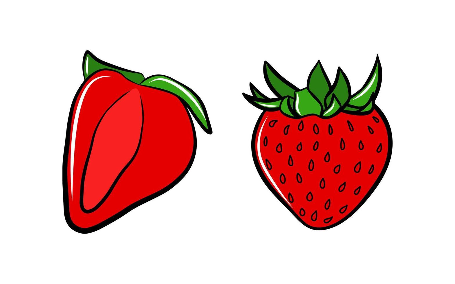 Sweet strawberry icon set isolated on white background. Vector outline silhouette, red fruit, colorful food, sketch drawing, doodle graphic package design, flat dessert.