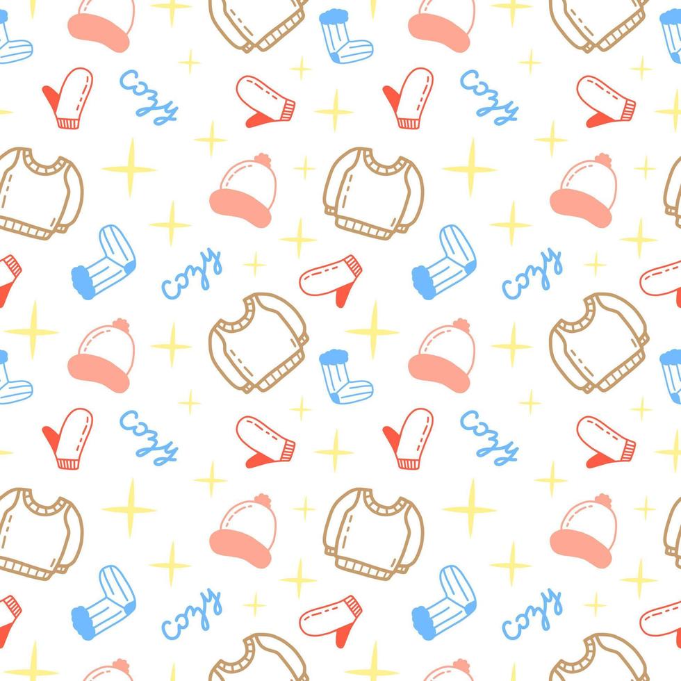 Cozy winter clothes seamless pattern. Flat doodle sweater, hat, mittens, socks isolated on white background. December seasonal warm cloth, vector wrapping paper template.
