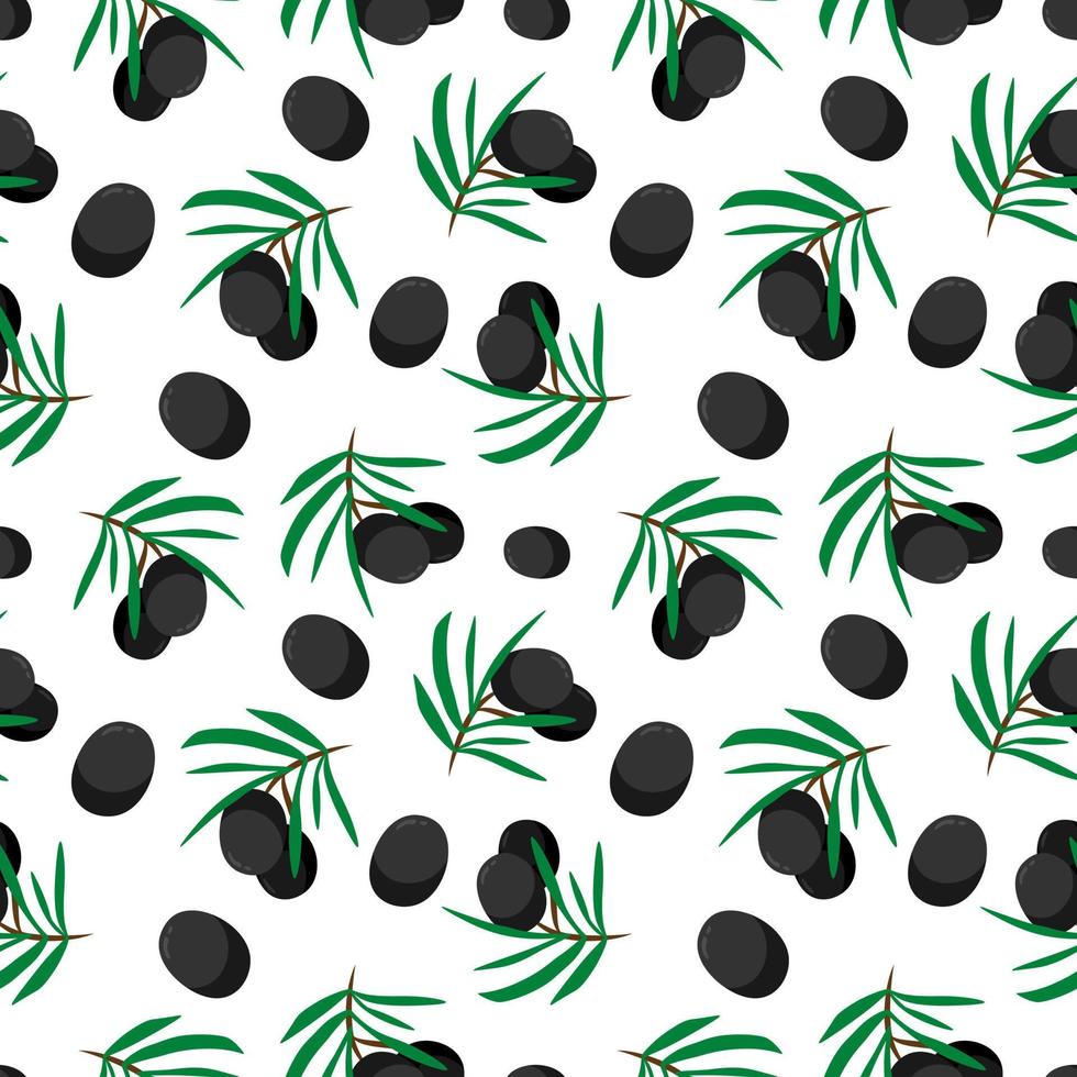 Black olives branch cartoon seamless pattern, vector illustration isolated on white background. Colorful fresh organic healthy olive oil concept. Logo branding design element. Fabric print template.