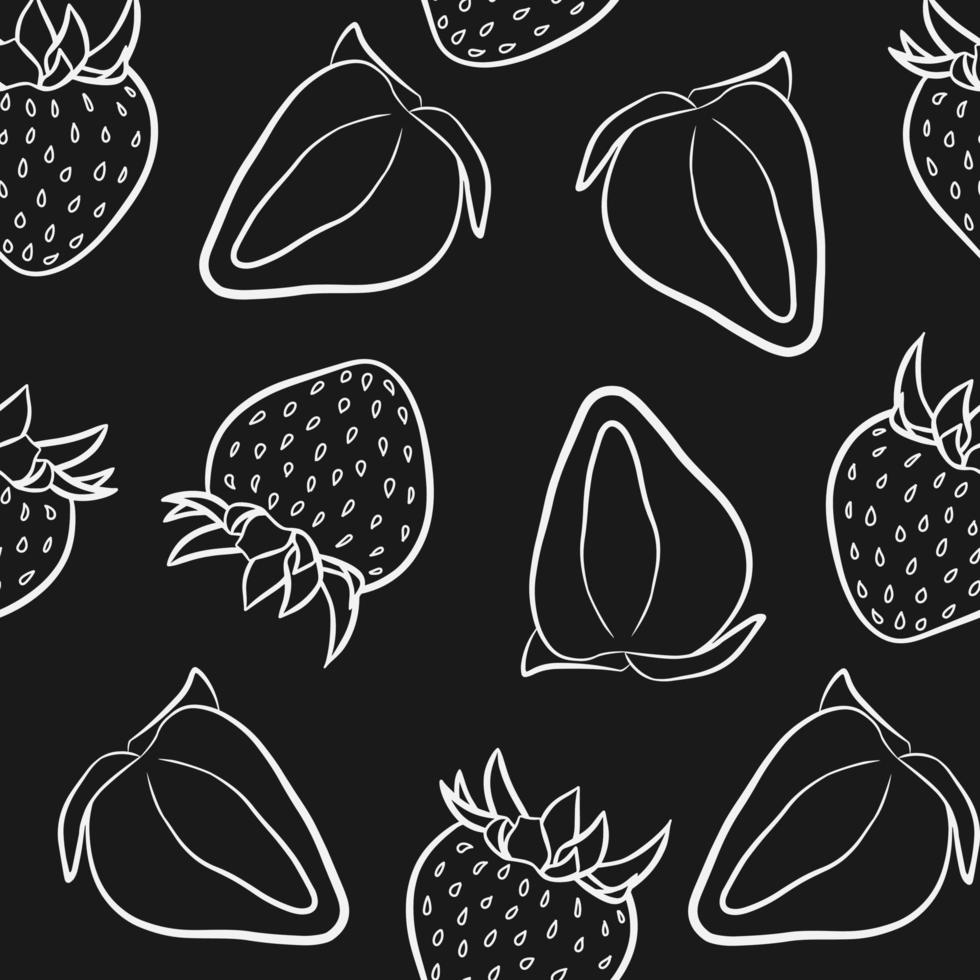 Simple strawberry seamless pattern isolated on black background. Doodle vector fabric print template with outline berries drawing. Hand drawn juicy fruit package design.