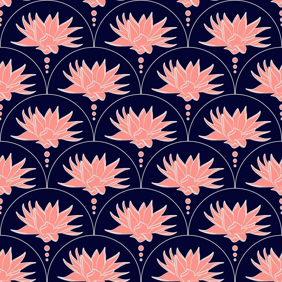 Floral seamless pattern with pink lotus flower. Botanical fabric print template. Vector illustration with blue line art flowers in a row. Venetian or damasc wallpaper design.