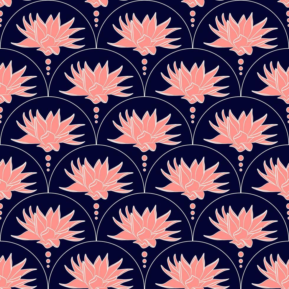 Floral seamless pattern with pink lotus flower. Botanical fabric print template. Vector illustration with blue line art flowers in a row. Venetian or damasc wallpaper design.