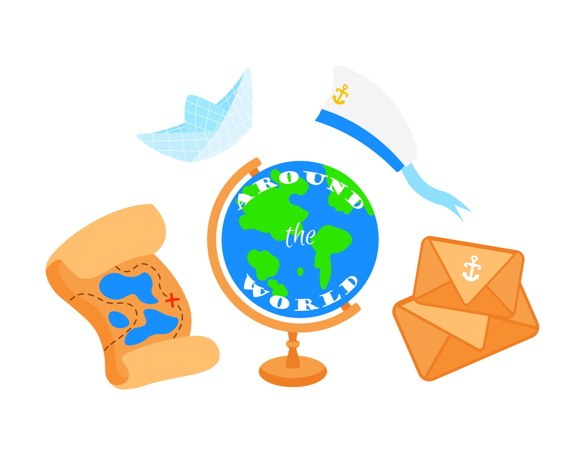 Travel around the world card. Cartoon object cartoon icon set isolated on white background. Traveling concept, earth globe, treasure map, sailor cap, paper boat, envelope. 13941185 Vector Art at Vecteezy Travel around the world card. Cartoon object cartoon icon set isolated on white background. Traveling concept, earth globe, treasure map, sailor cap, paper boat, envelope. 13941185 Vector Art at Vecteezy