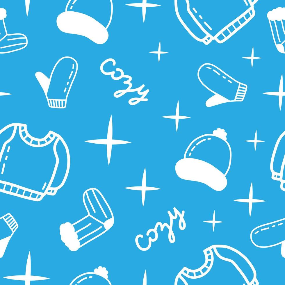 Cozy winter clothes seamless pattern. Flat doodle sweater, hat, mittens, socks icon set. December seasonal warm cloth, vector wrapping paper template.