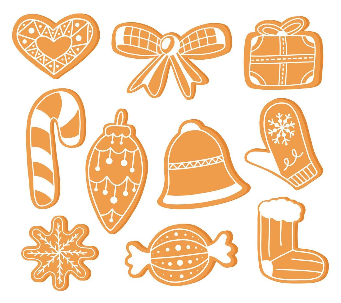 Gingerbread doodle flat icon set isolated on white background. Glazed traditional sweet food. Christmas decoration. vector