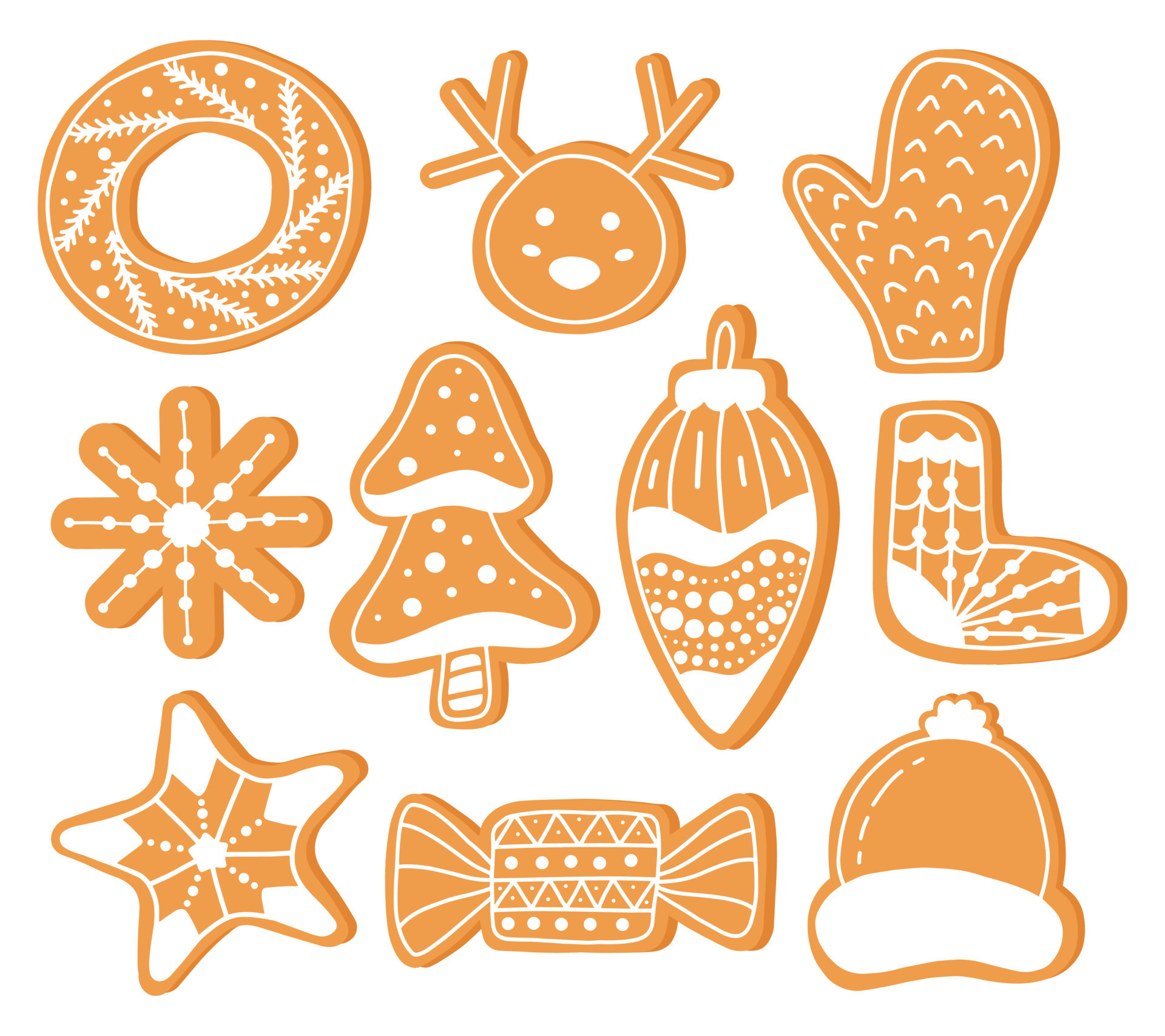 Gingerbread doodle flat icon set isolated on white background. Glazed