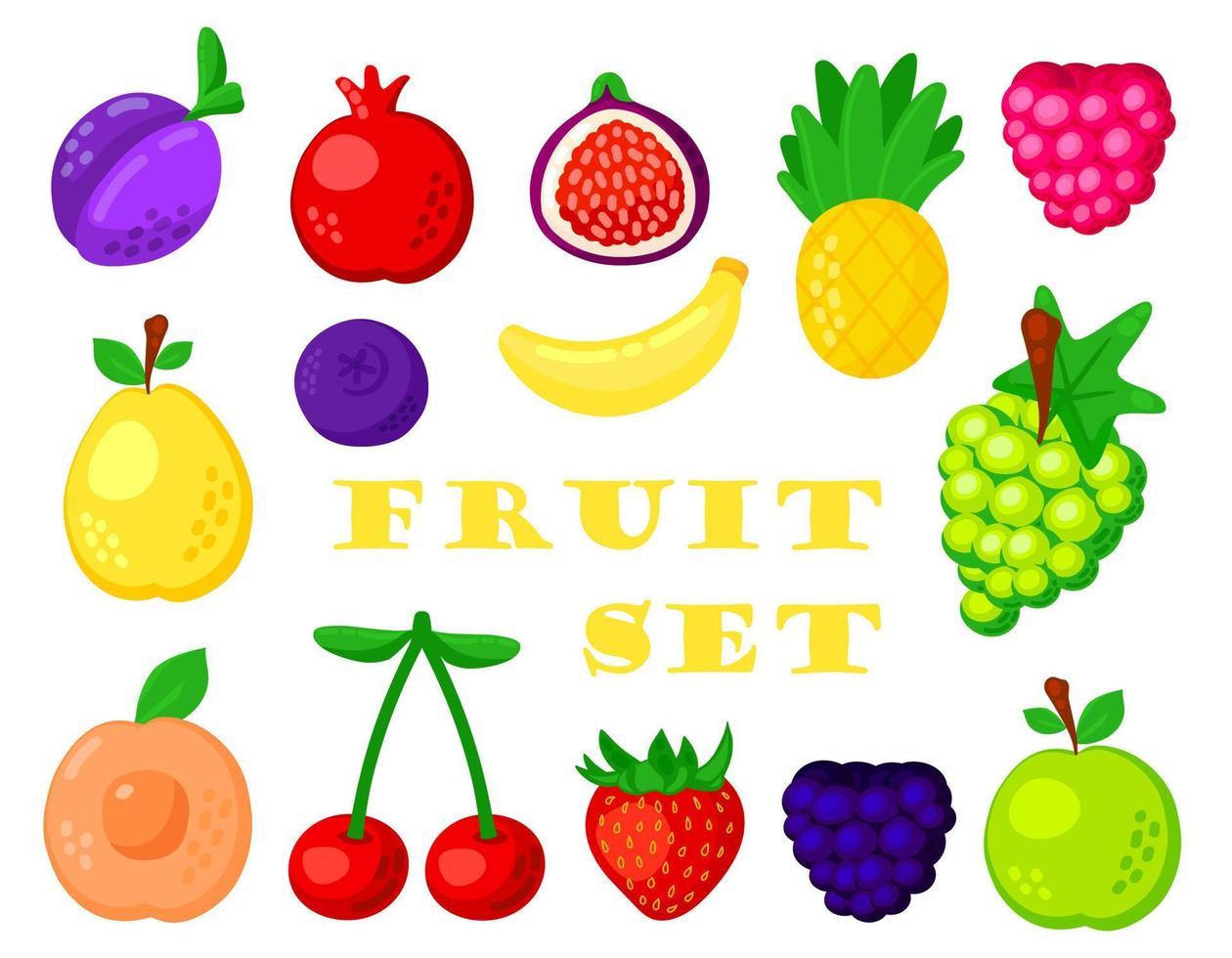 Colorful cartoon fruit icon set isolated on white background. Doodle simple vector summer juicy food. Juice package or logo design element.