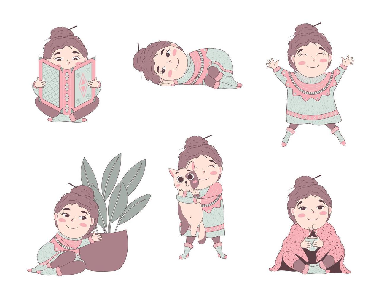 Happy introvert character in winter cozy clothes is resting, doing gardening, hugging a cat, reading vector