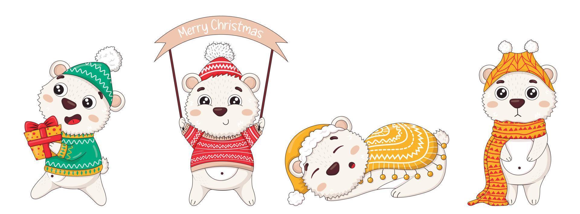 Collection of cute cartoon new year polar bears in winter clothes with christmas gifts vector